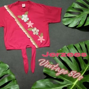 Vintage 80s Unique Front Tye Crop Tee-shirt w\ Flower Applique, Lace Detailing